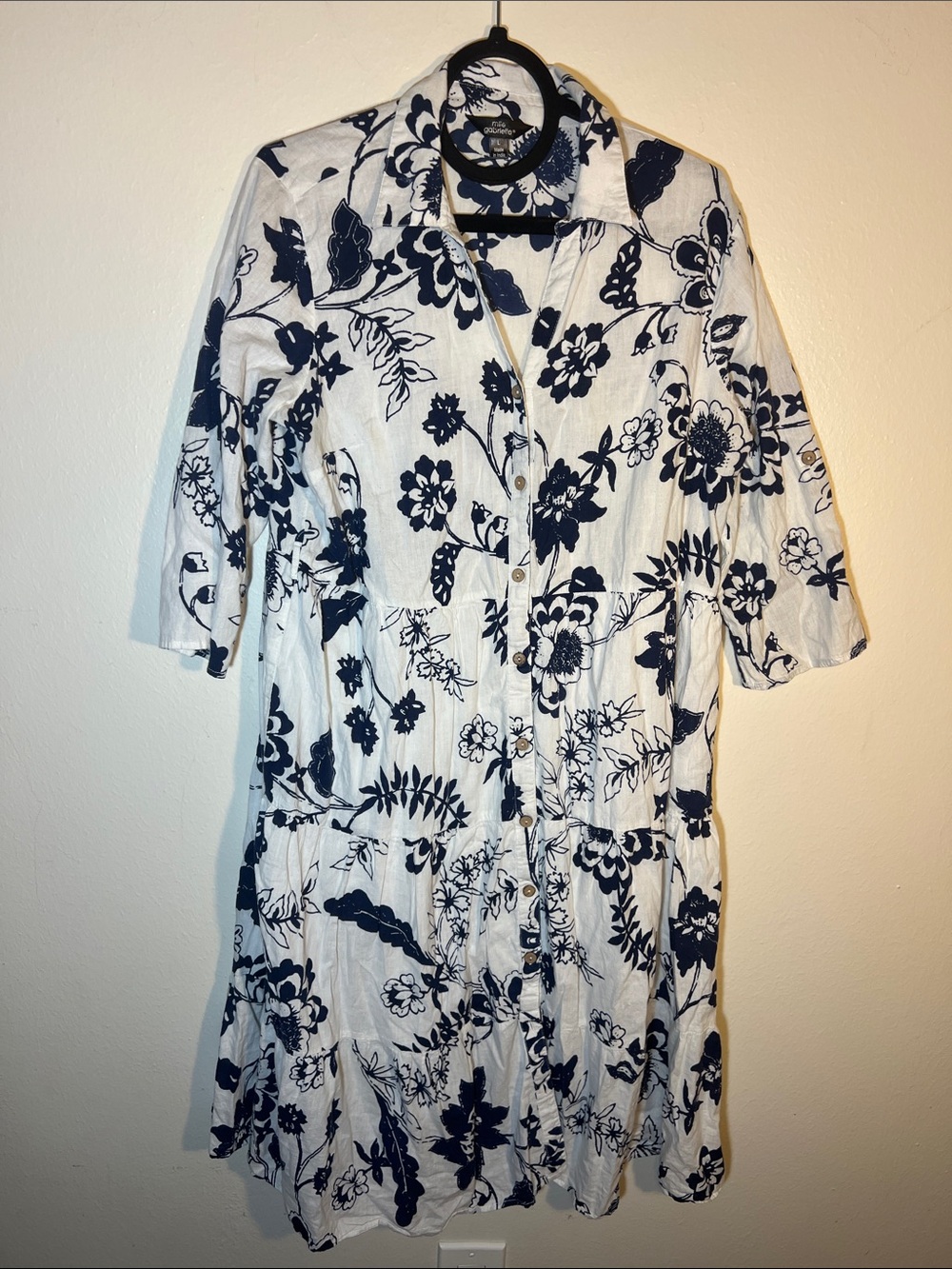 Mlle Gabrielle White Navy Floral Cotton Midi Dress Flowy Tiered Coastal Large